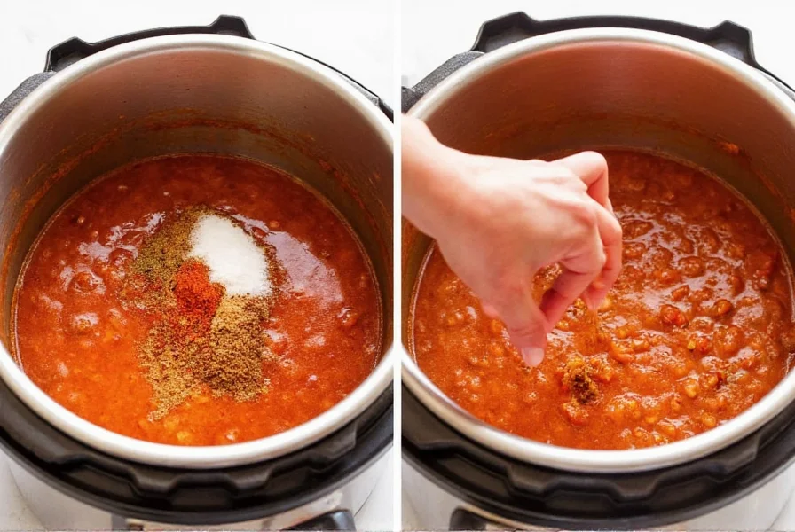 Step-by-step preparation of Cincinnati chili showing spice mixture being added to simmering meat sauce