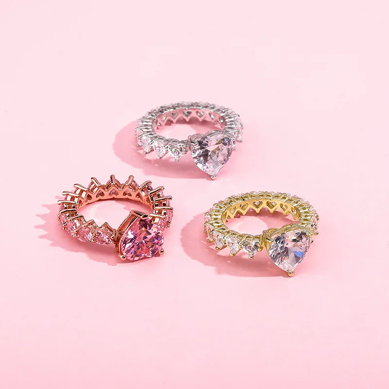 

Wholesale Adjustable Size Womens Ring Iced Out Heart Tennis Ring CZ Stone Hip Hop Rings Jewelry Drop Shipping In Stock, Gold, silver, rose gold