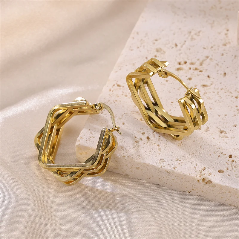 

Factory Supplier Stainless Steel Irregular Square 18k Gold Plated Geometric Stacking Design Earrings