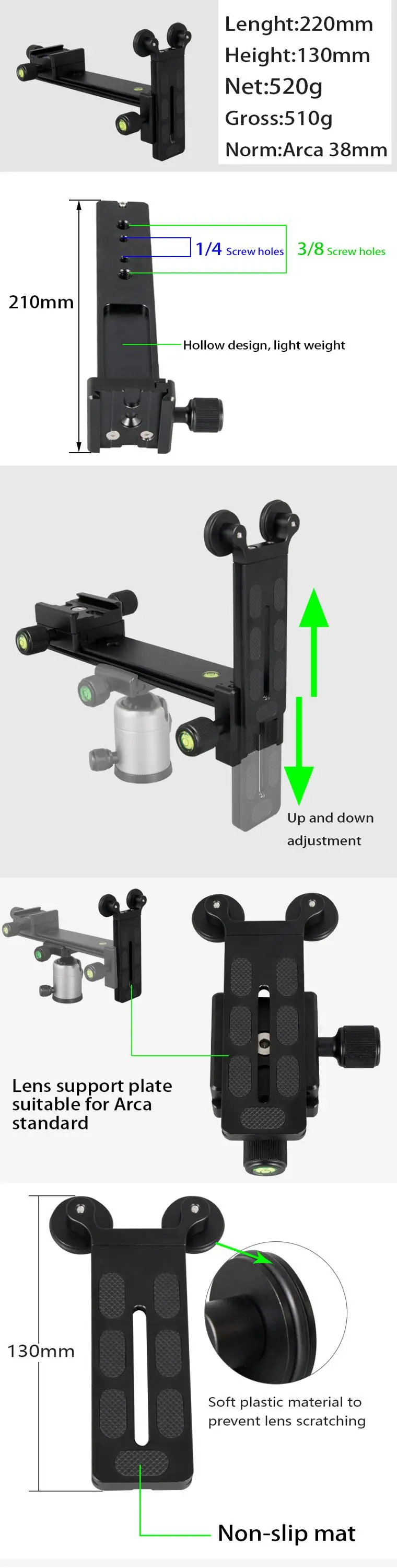 Neewer Telephoto Lens Support Bracket Quick Shoe Plate Long-Focus Stand Holder with 1/4inch and 3/8inch Screw Thread for Tripod Ball Head DSLR Camera Photography Compatible with Arca-Swiss 