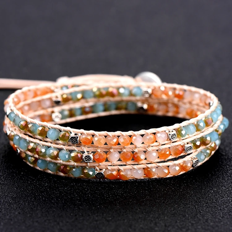 

Women Boho Bracelet Natural Stone 3X Leather Wrap Bracelet Stone Beaded Bracelet, Brown