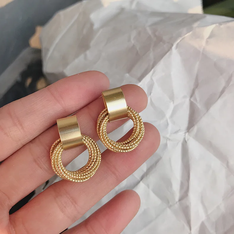 

JUHU New Korean matte golden circle earrings geometric hollow winding earrings s925 silver needle jewelry for women, Gold