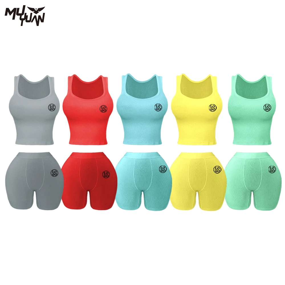 2025 Summer Luxury Cotton Rib Knitting Fabric Women's Set Breathable Casual Tank Top Knee Short Loungewear Customizable