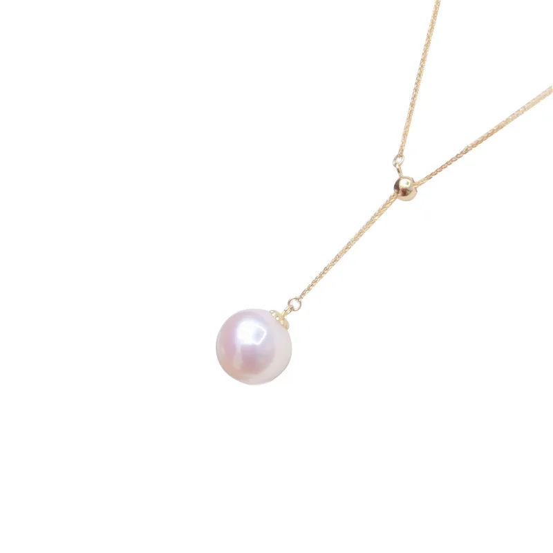 

Certified Freshwater Pearl Y-Shaped Thick Necklace 18K Gold Inlaid 9Mm Perfect Circle Flawless Pink Freshwater Pearl Necklace