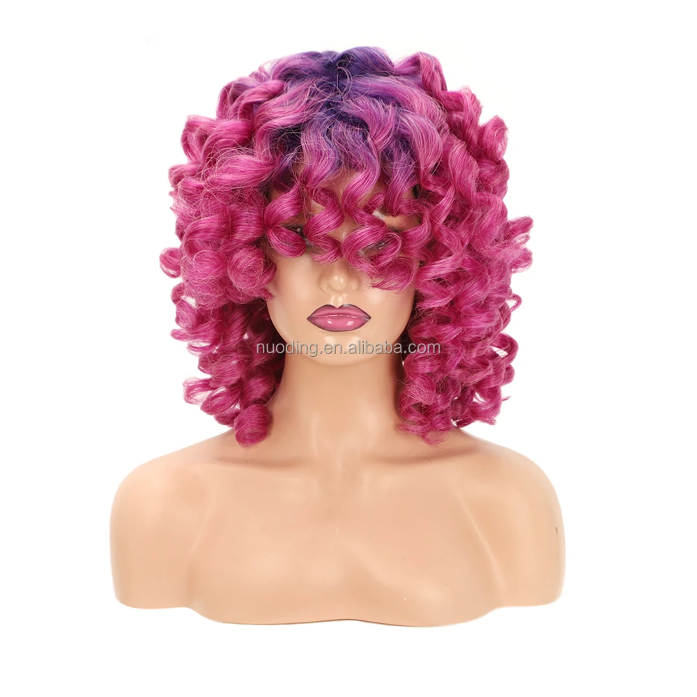 

Hot selling 13inch short bomb curly fringe non lace wigs ombre machine made high temperature fiber synthetic hair extension wig, Blue/purple#