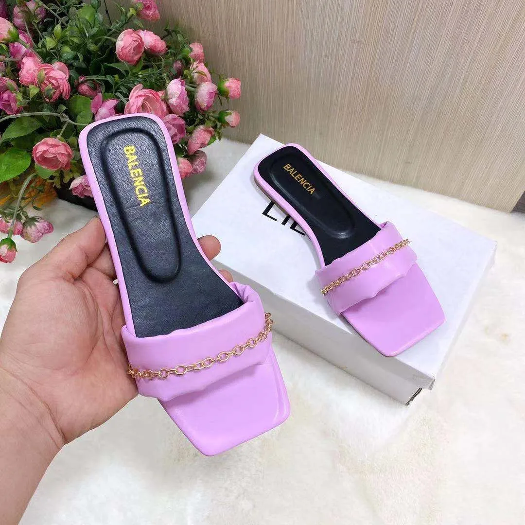 

New fashion all-match flat-bottom square-toe women's sandals metal chain beach slippers women