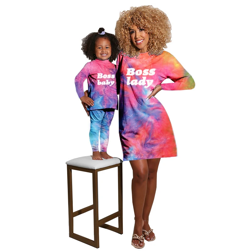 
Mommy and Me Outfits Fall Dresses for Women Tie Dye Sets Long Sleeve Two Piece Set Family Matching Pajamas 