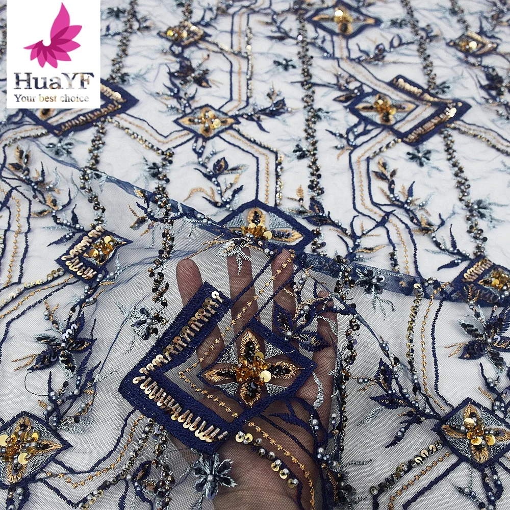 Navy Blue Handmade Beaded Embroidery Tulle Crystal Sequins Lace With Pearls for Collection Dress Pearls Fabric HY2207