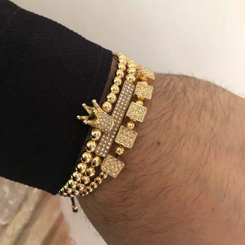 

Men Jewelry 3 Pcs Set Adjustable Gold Plated Beaded Cube Zircon Bracelet Set Luxury Paved CZ Zircon Crown Bracelet Set