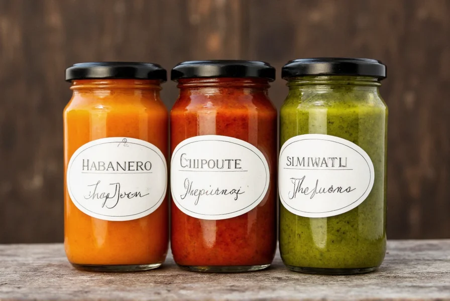 Three different colored homemade pepper sauces in glass bottles with labels showing habanero, chipotle, and green variations