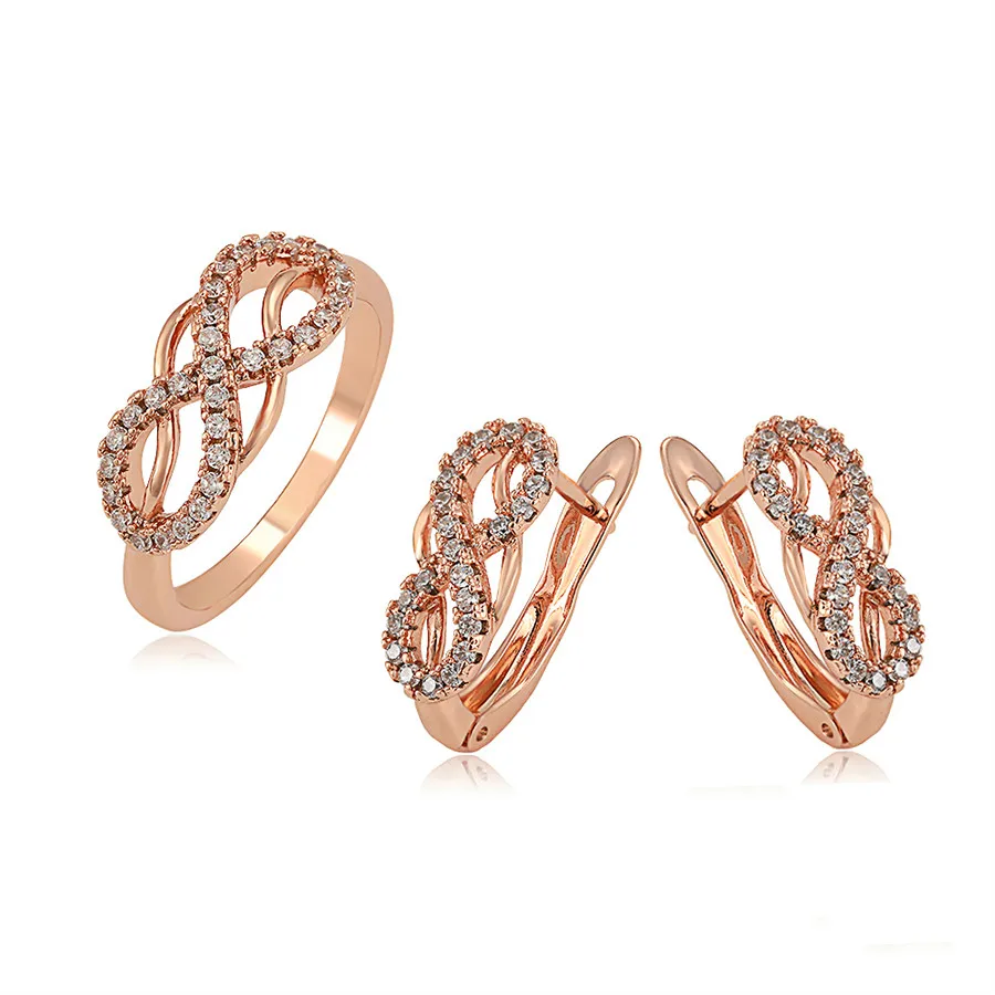 

65216 Xuping jewelry curved diamond set rose gold elegant fashion ring earrings environmental protection copper two-piece set