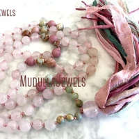 

MN11105 Heart Chakra Mala 108 Beads Tassel Necklace Rose Quartz Rhodonite Silk Sari Tassel Healing Custom Jewelry