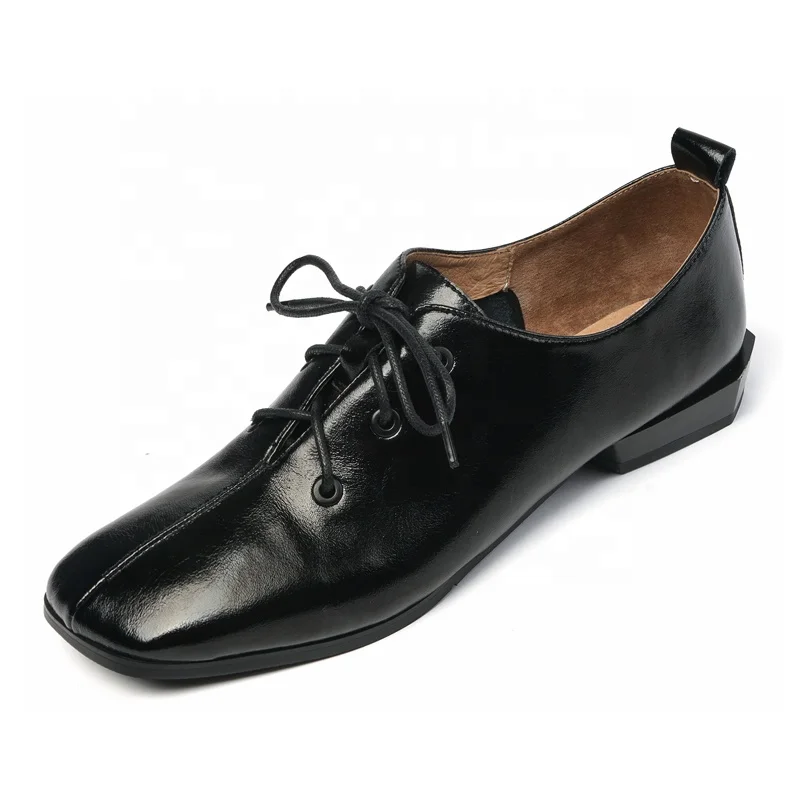 

2020 Retro Style italian shoes women Black Genuine Leather Lace-Up Flat Ladies Comfortable Shoes Dress Shoes & Oxford