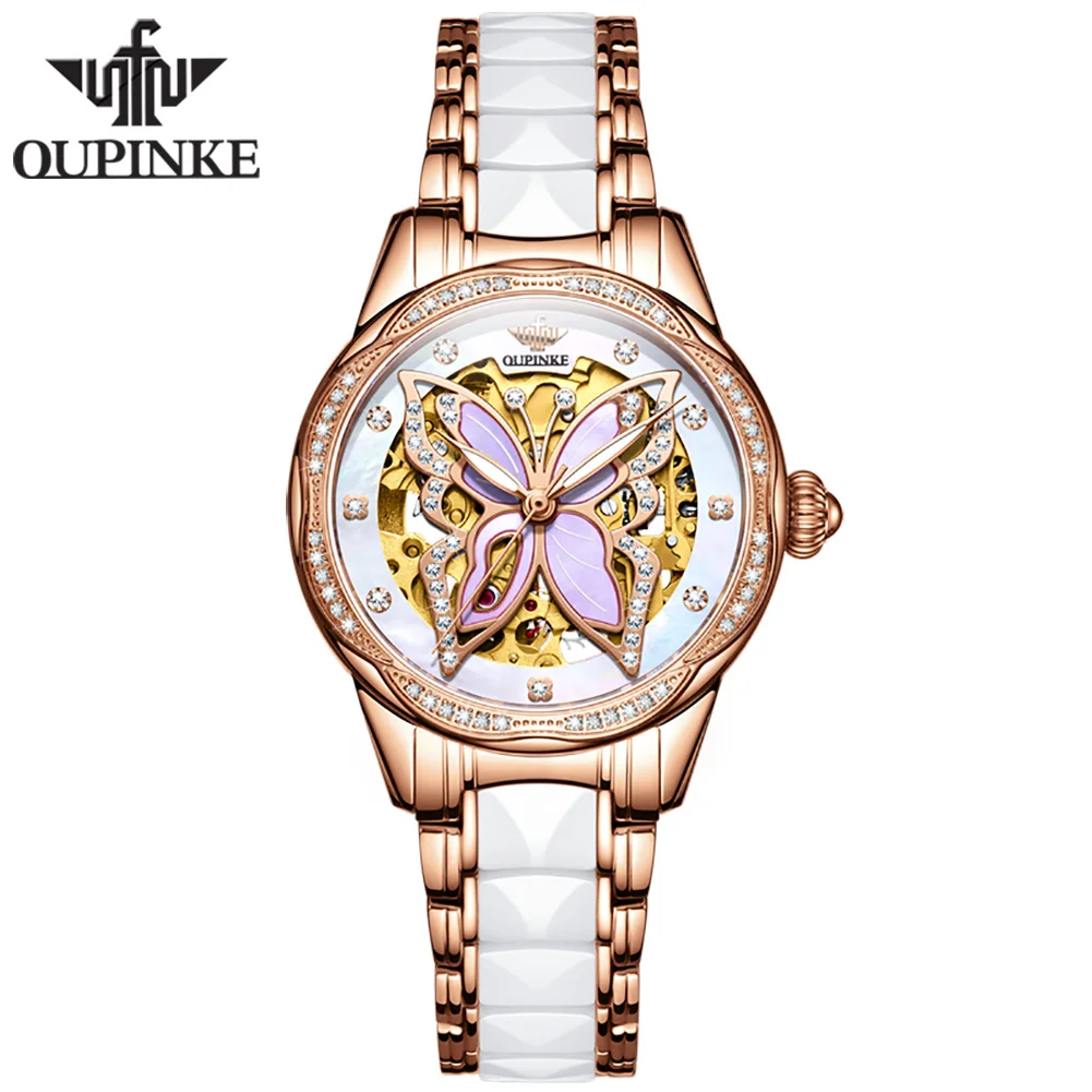 

OUPINKE 3239 Fashion oem custom Waterproof hollow skeleton Stainless steel belt mechanical tourbillon watch watch for women