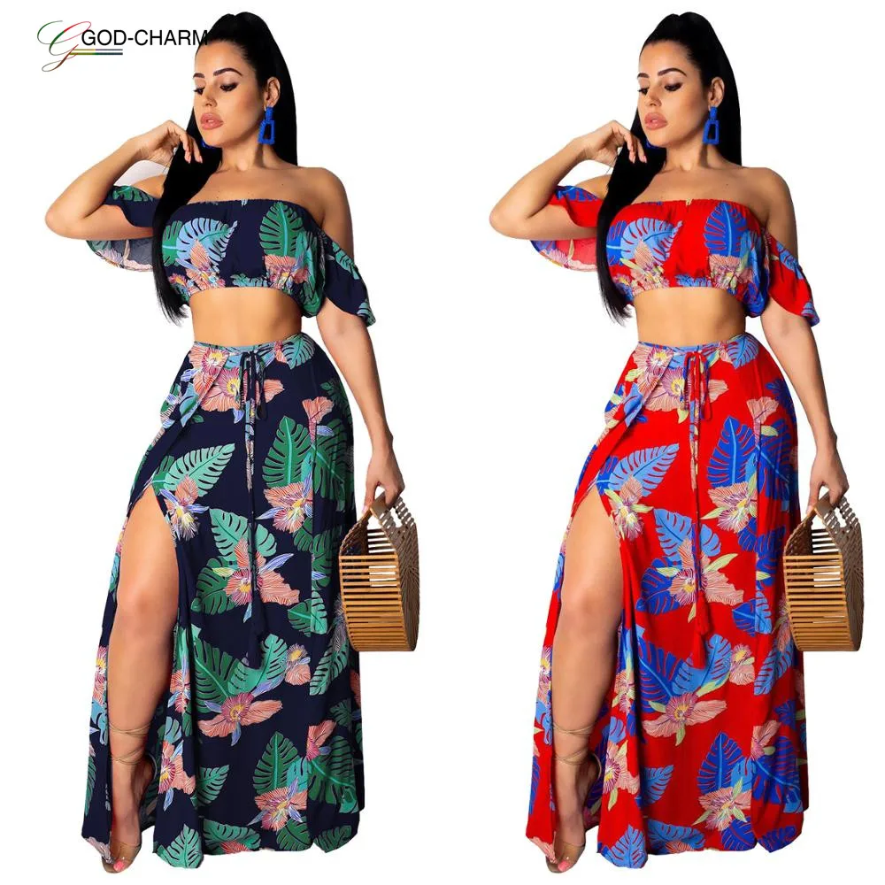 

GC-66862504 Wholesale 2019 Summer Fashion Multicolor Side Split Floral Print Plus Size Beach Maxi Dress Set African Clothing