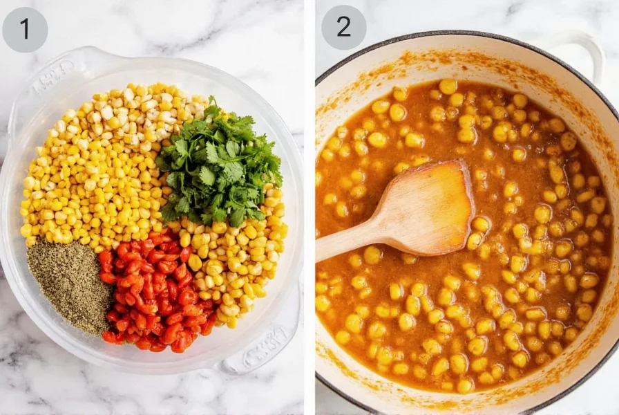 Step-by-step process of making chipotle roasted chili corn salsa showing corn roasting and mixing ingredients