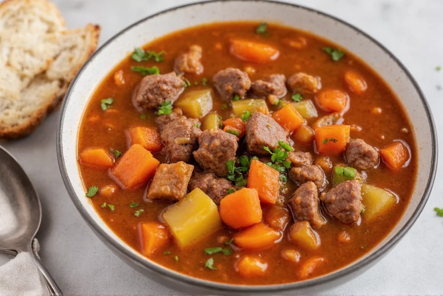 Bowl of warm vegetable beef soup