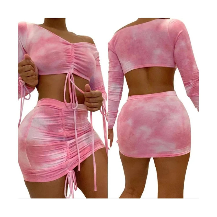 

Summer off shoulder tie dye short top stacked women short two piece skirt set