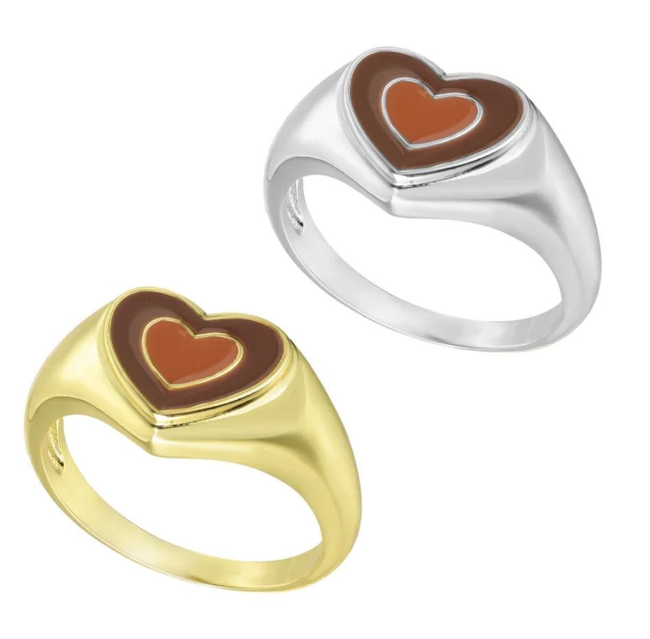 

Gorgeous Popular Fashionable 18k Pvd Gold Plated Double Heart Enamel Rings White Black Brown Signet Rings For Women