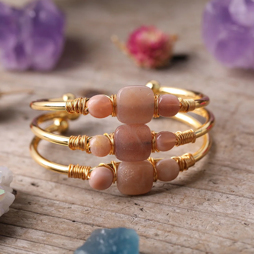 

Open Cuff Bangle,Natural Sunstone Slab Square Chips Beads Hot Gold Bangle, As picture