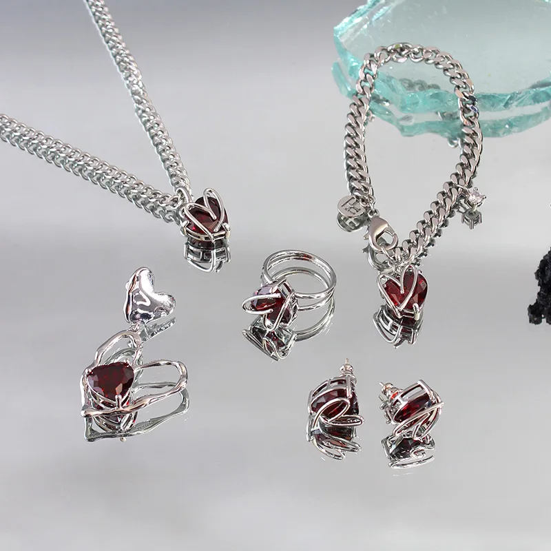 

high quality red diamond jewelry set necklace earrings ring hair clip women's chain chocker vintage rock sweetheart cool style