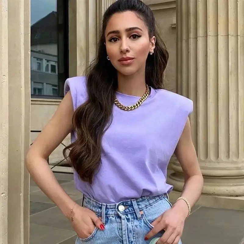 

Women sleeveless shoulder pad t-shirt ladies summer solid vest blouses T Shirts 2021, 8 colors