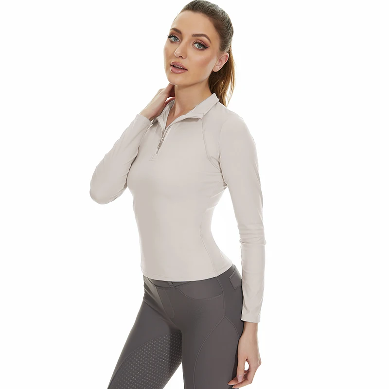 Custom Logo Summer Collar Zipper Breathable Woman Equine Baselayer Nylon Spandex Quick Dry Horse Riding Shirt Equestrian Top