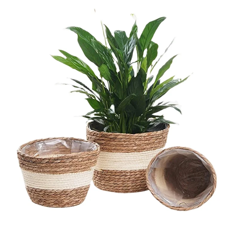 

Nordic Rattan Flower Plant Pot Container Handmade Woven Straw Storage Basket Sea Grass Round Baskets With Handles, Natural color