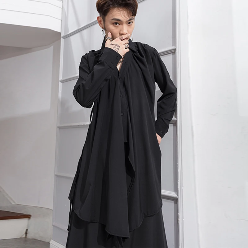 

Medium and long tied waist long sleeve shirt irregular loose elegant small shirt coat personalized shirt performance stage