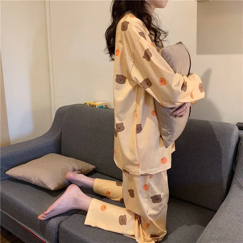 

Korean version students loose round collar large size cartoon lovely ladies nightgown long sleeves spring and autumn home wear