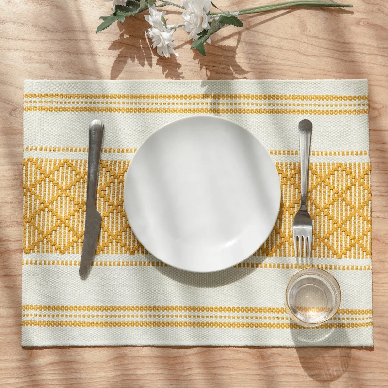 

Custom High quality restaurant decor yellow color cotton woven table decorative BOHO dining table mat placemat, 4 designs as pictures