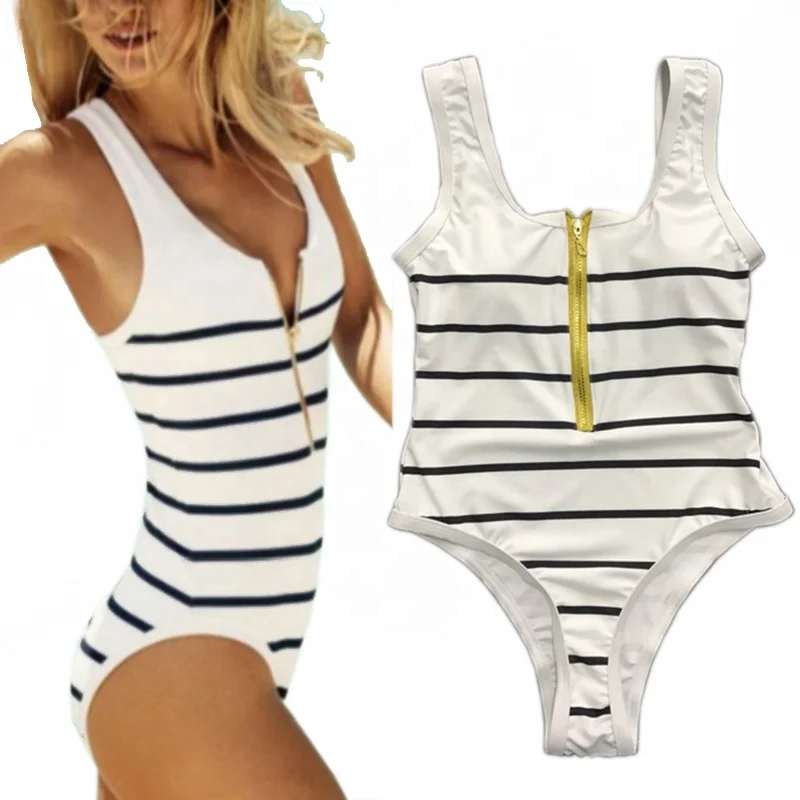 

New Fashion 2020 High Quality Sexy Beachwear One Piece Bikinis Striped Zip Padded Slim Women's Bathing Suit Monokini Swimwear, White