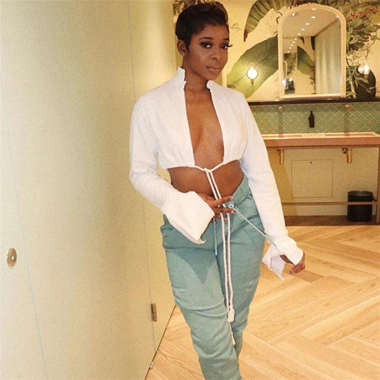 

S8564-new arrival 2020 fall clothing for women drawstring lace up crop top hoodie women street wear