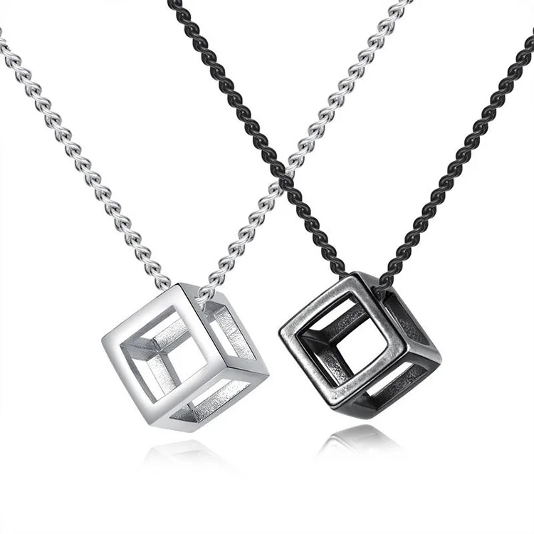 

Vintage Fashion Black Silver Hollow Magic Cube Pendant Titanium Stainless Steel Square Box Necklace for Men and Women, Silver,black