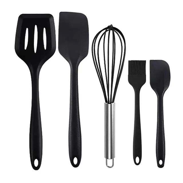 

5Pcs Silicone Kitchenware Utensil Set Black Non-Stick Kitchen Baking Set, Spatulas, Slotted Turner, Tongs, Brush, Whisk