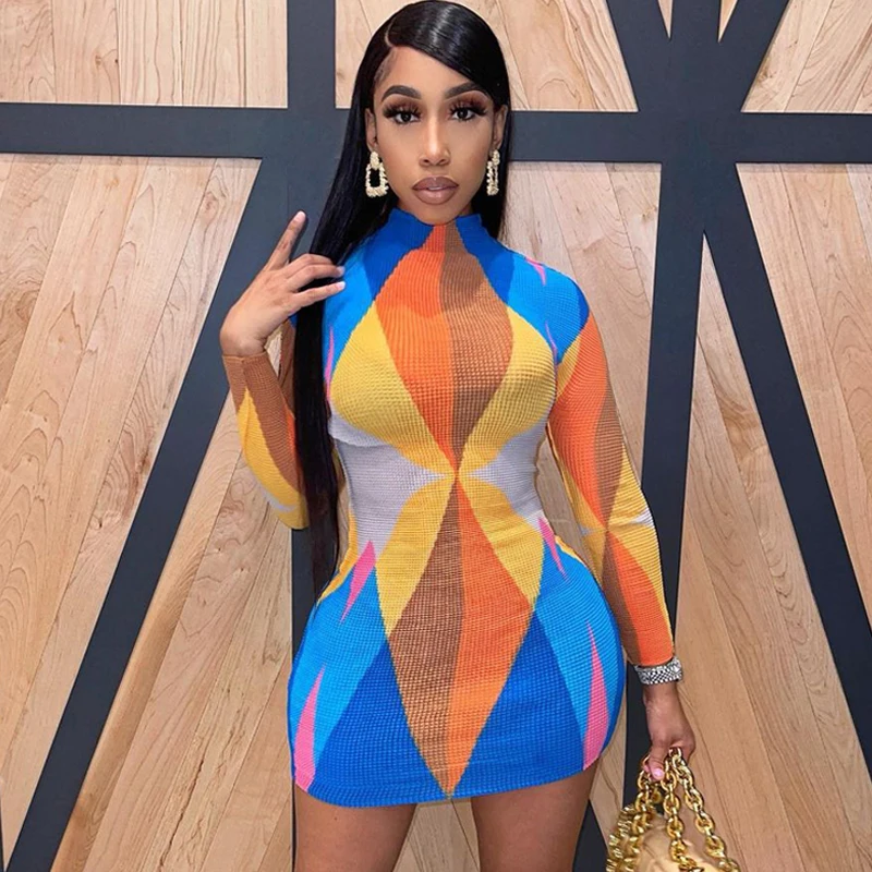 

Blingirl 2021 Autumn Winter Women Fashion Tie Dye Print Long Sleeves O-Neck Knitting Bodycon Slim Mini Dress Sexy Y2K Streetwear, Pink,yellow