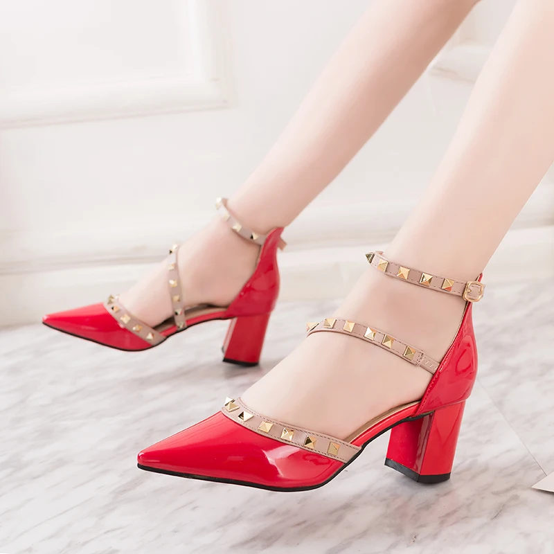 

35-40 thick heel pointed pump women's shoes rivet casual high heels