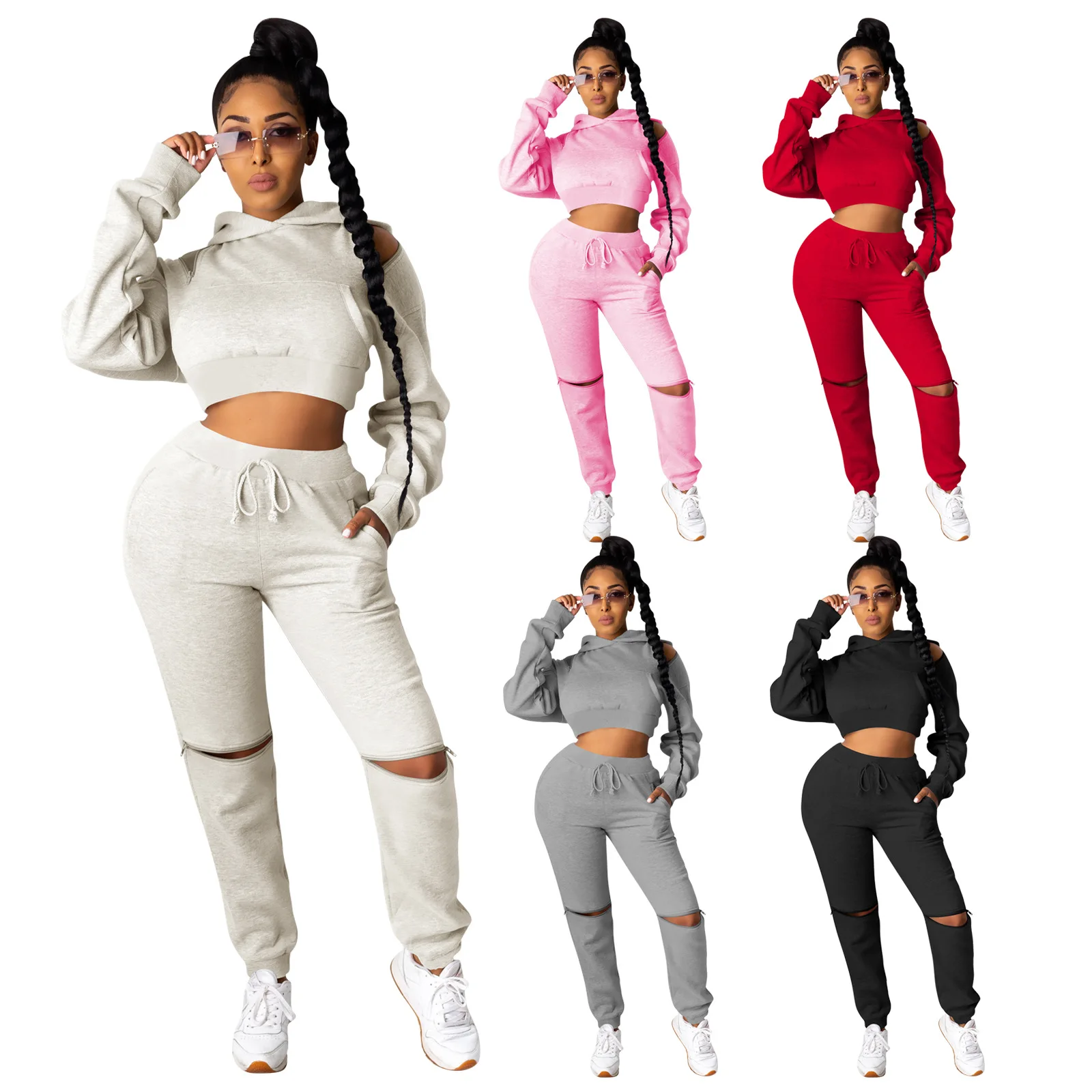 

2021 New trend two piece outfits women ladies solid color hollow out crop hoodie sweat pants set, Photo shows