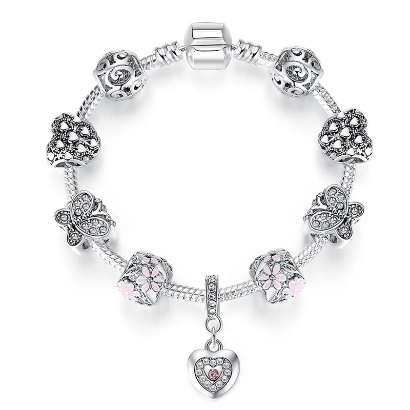 

Luxury Friendship Gift Silver Color Heart Charm Bracelets Crystal Heart Beads Flower Butterfly Bracelet Bangle For Girls