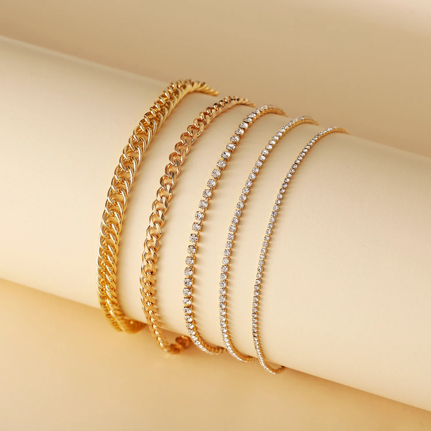 

Most Popular Gold Plated Link Chain and Crystal Tennis 5 Pcs Jewelry Anklet Bracelets Set for Women