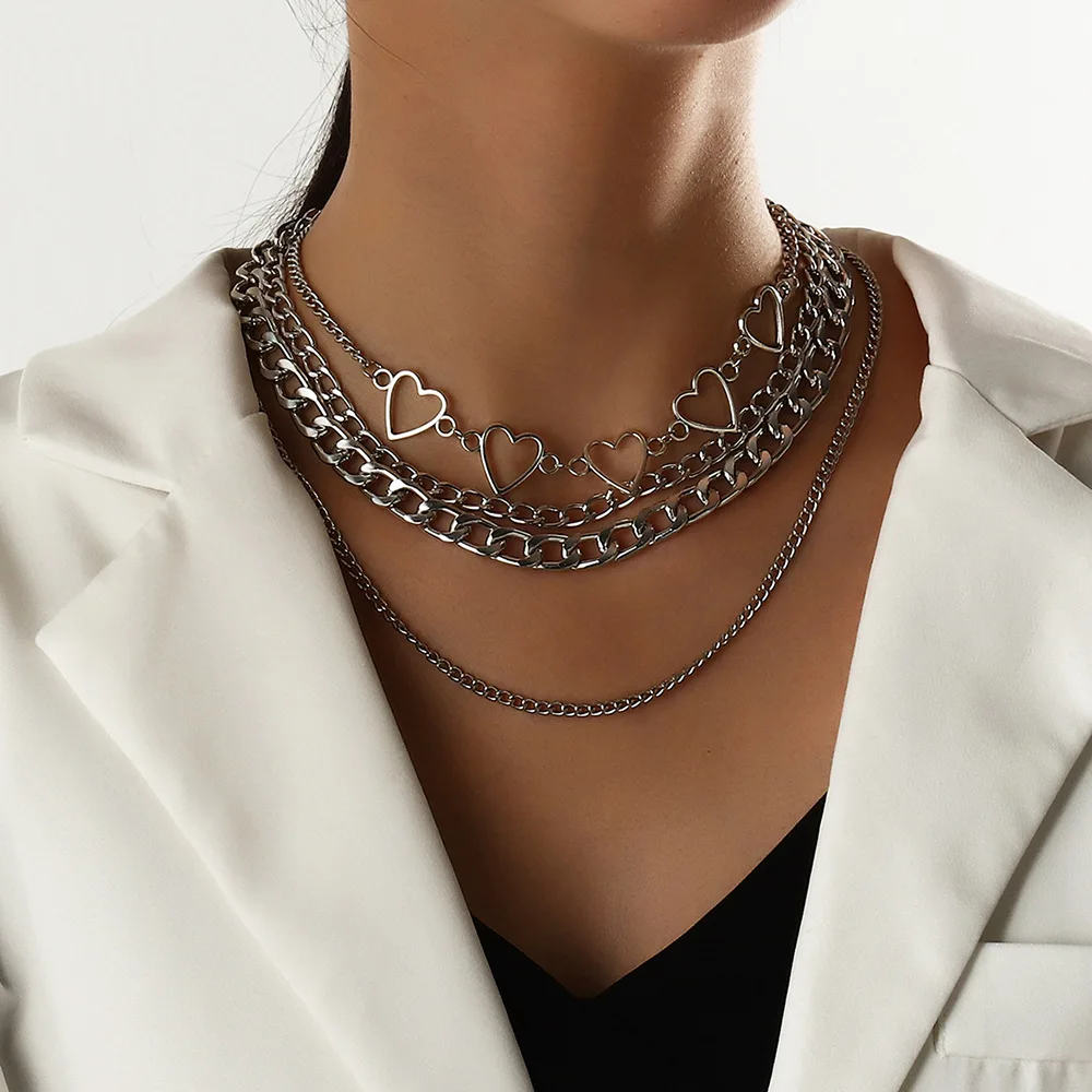 

Wholesale Fashion Hip Hop Silver Plated Cuban Link Necklace Punk Multilayer Heart Pendant Link Necklace For Women Jewelry