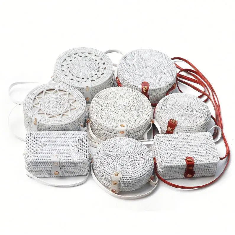 

Factory Indonesia women round shoulder bag beach white rattan bag bali