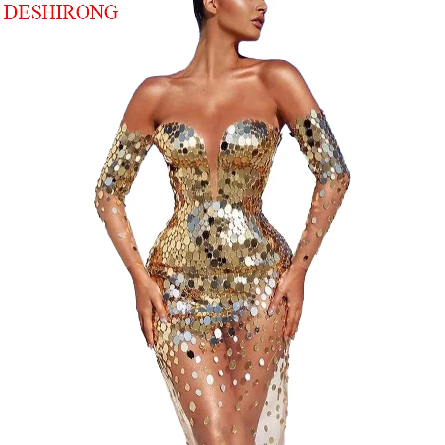 

Sparkly Gold Mirror Dress Singer Stage Show Host One-shoulder Annual Meeting Evening Dress Spring Elegant Dresses