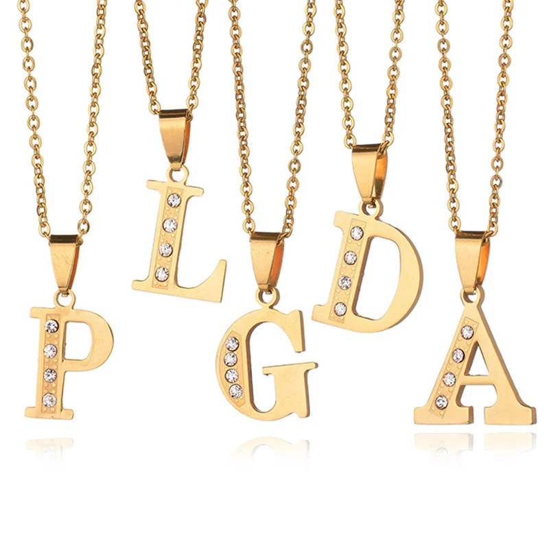 

Custom18K Gold Filled Letters M Stainless Steel Letter Diamond Pendants Silver Initial Necklace Alphabet, Gold color