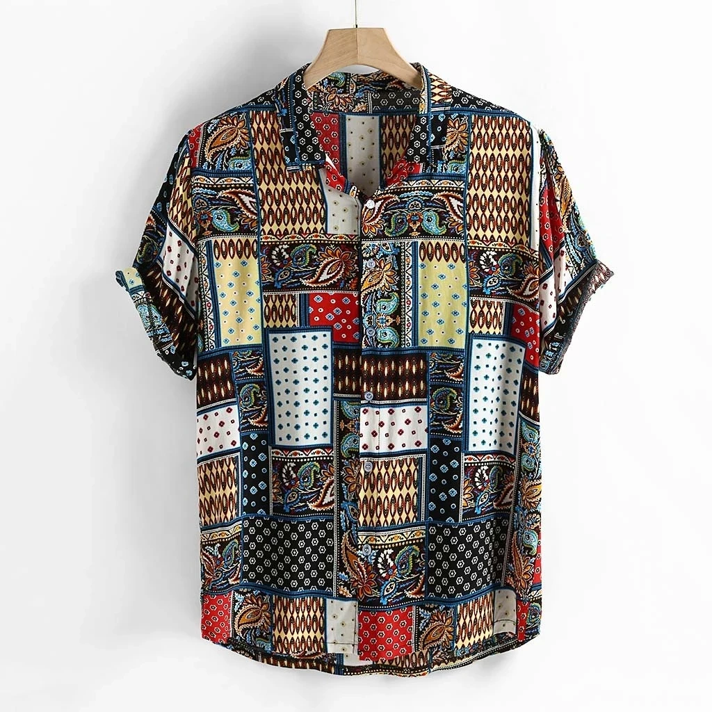 

Mens Vintage Ethnic Style Printing Loose Short Sleeve Stand Collar Casual Shirt