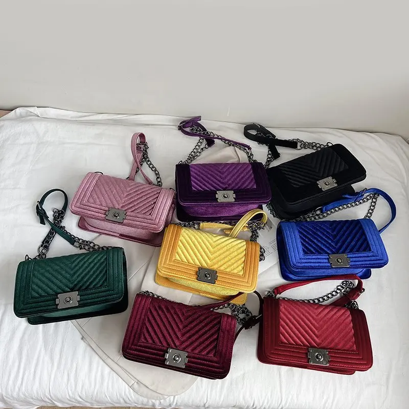 

2021 trendy chain ladies shoulder square purse diamond lattice messenger quilted velvet bag fashion crossbody bag womens bags, Yellow,red,wine red,purple,green,blue,black,pink,gray