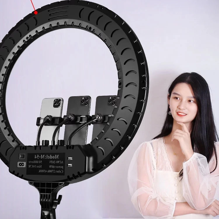 

M54 RL 21 inches ring light and 3 phone holder and bag remote, 2 USB port 60w 6500k dimmable Led makeup ringlight, Black