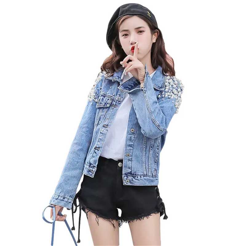 

Spring Autumn Women Basic Coats Women Denim Jacket Pearls Beading Fashion Jeans Coat Loose Long Sleeve Jackets, Blue