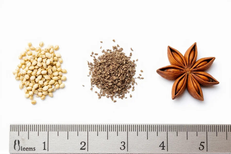Side-by-side comparison of fennel seeds, anise seeds, and star anise on a white background with measuring scale
