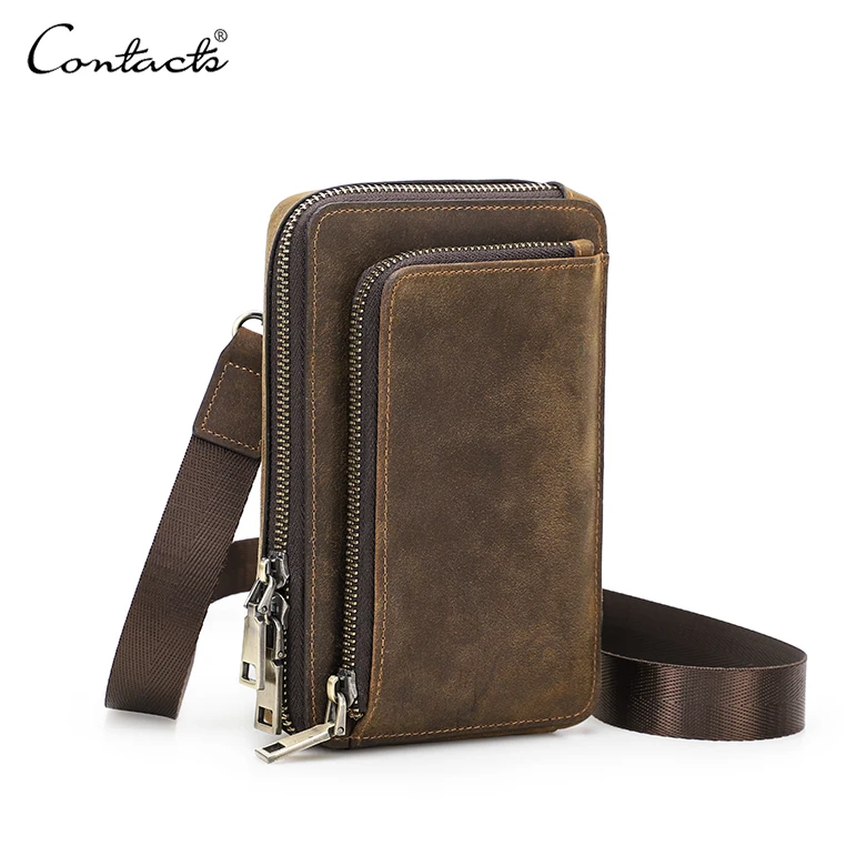 

Contact's Dropshipping Men Crazy Horse Leather Shoulder bag Small Crossbody Cell Phone Wallet Bag with Belt Buckle